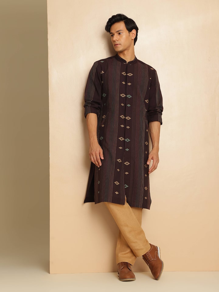 Lifestyle view of brown handwoven kurta styled with ethnic bottoms for a casual look