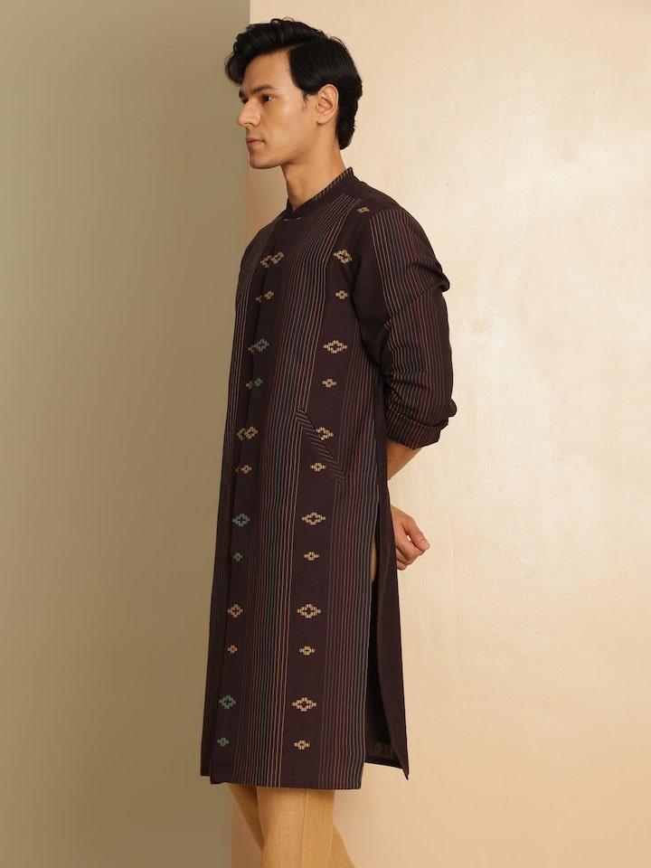 Alternate lifestyle view showing side profile and relaxed drape of brown cotton kurta