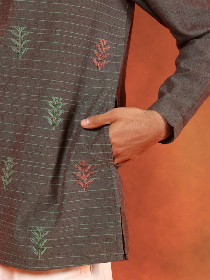 Detail shot of brown cotton short kurta showing weave patterns and front placket.