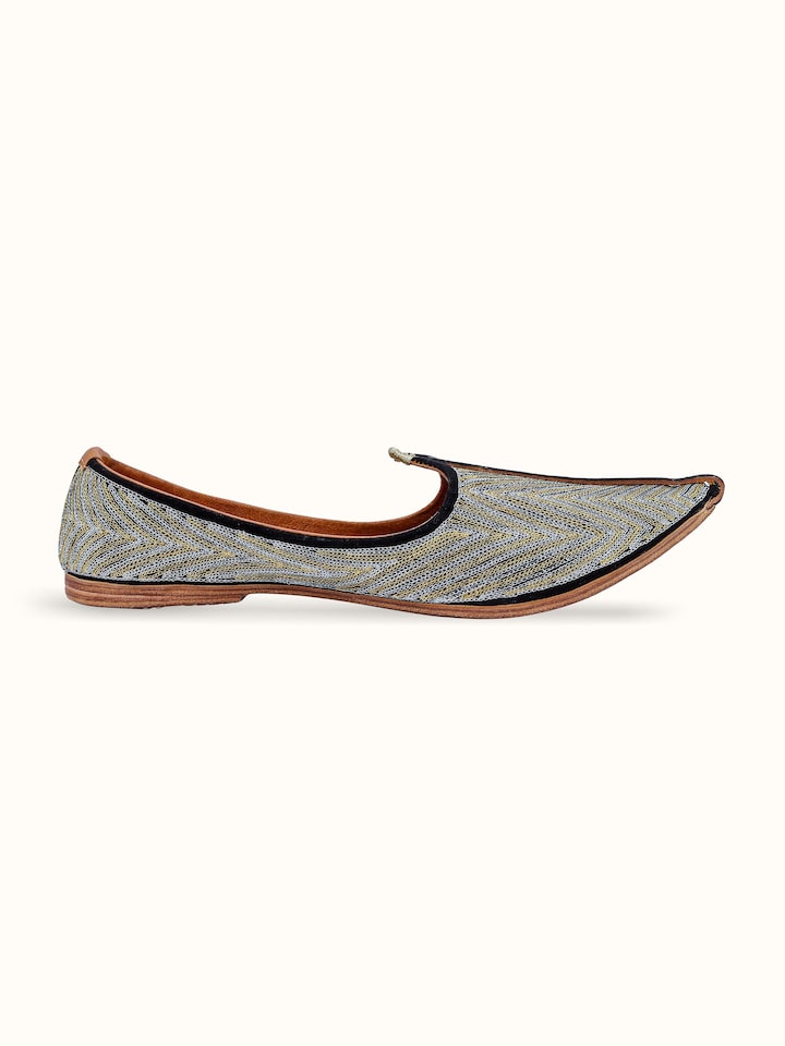 Angled view of Black Leather Embroidered Jodhpuri Pagrakha showing the overall design and texture.