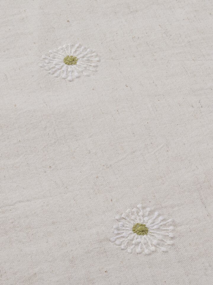 Detail shot of embroidery threadwork and fabric weave.