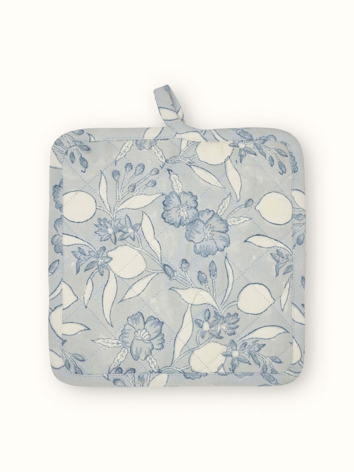 Anika light blue floral cotton Sanganeri block printed pot holder featuring a floral design in light blue.