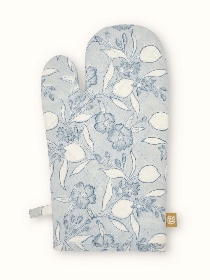 Close-up of Anika Light Blue Floral Cotton Sanganeri Block Printed Oven Mitts highlighting floral design