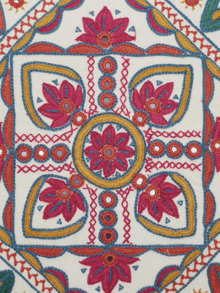 Detail shot of close-up embroidery patterns highlighting Pakko stitch artistry.