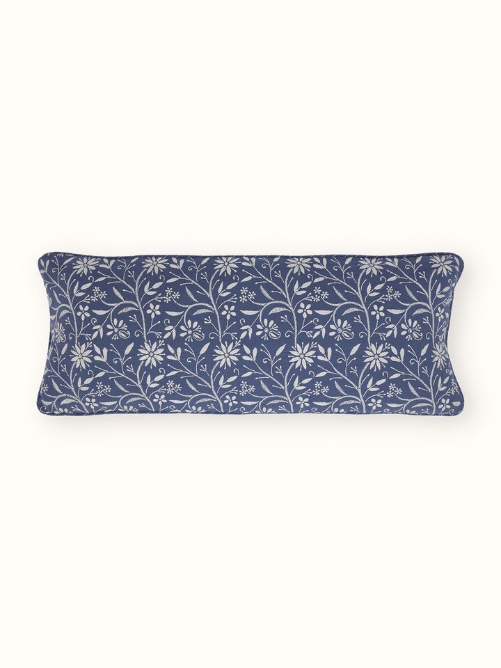 Front view of Rann blue Jaal Chikankari cushion cover with floral hand embroidery.