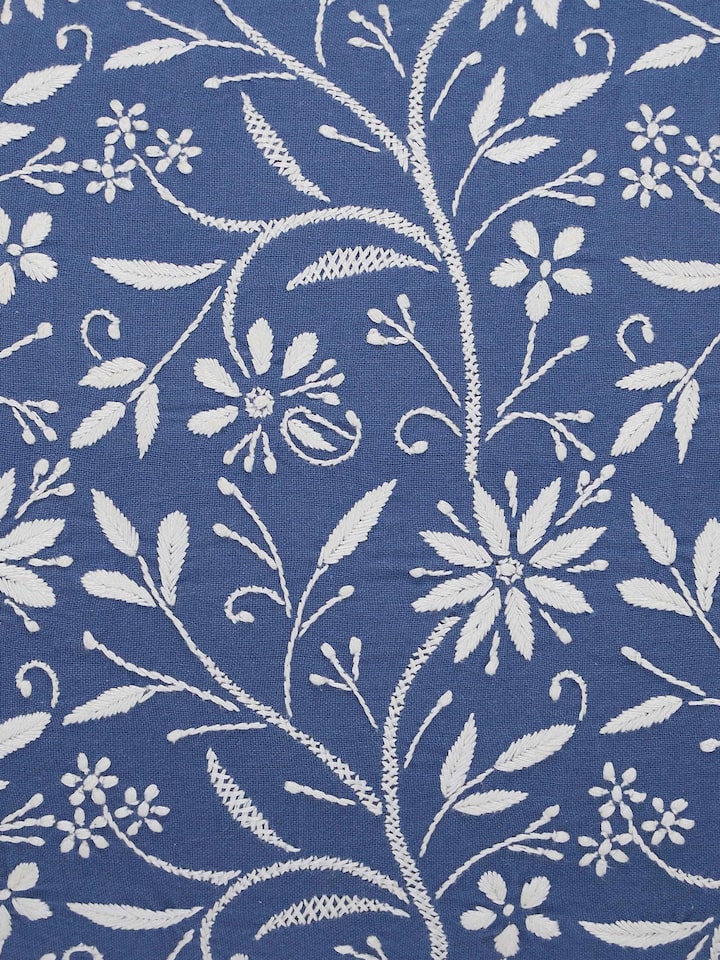 Detail shot highlighting fine hand-embroidered Chikankari floral motifs.