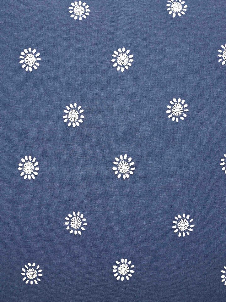 Detail shot of blue Chikankari embroidery on cotton cushion cover showcasing craftsmanship.