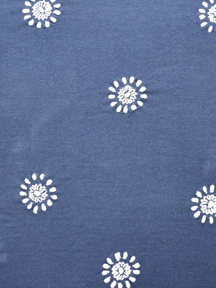 Detail shot of fine Buti motifs in hand-stitched threadwork.