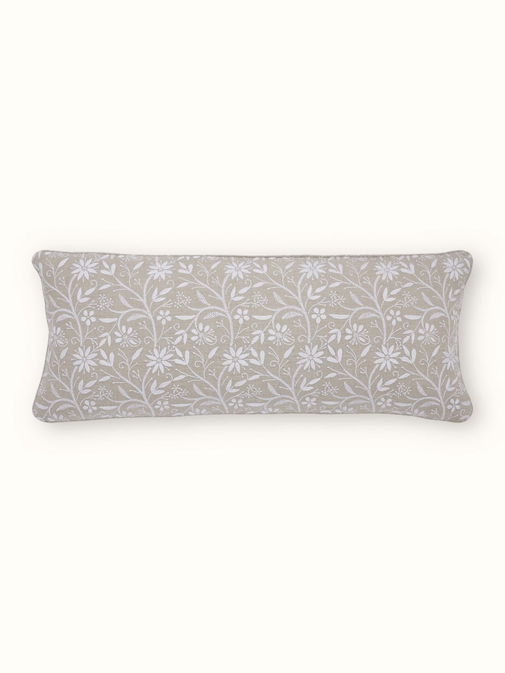Full view of Rann beige allover cotton Chikankari hand embroidered cushion cover featuring intricate Chikankari embroidery on a beige cotton base.