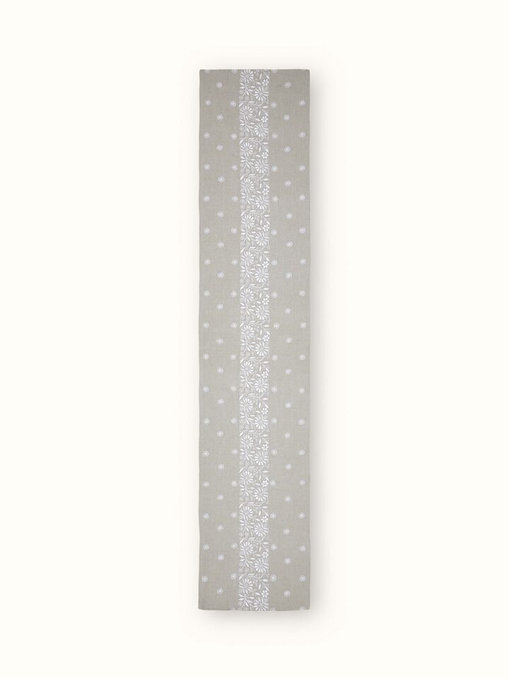 Front view of Rann Bed Runner featuring delicate Chikankari hand embroidery on soft beige linen.