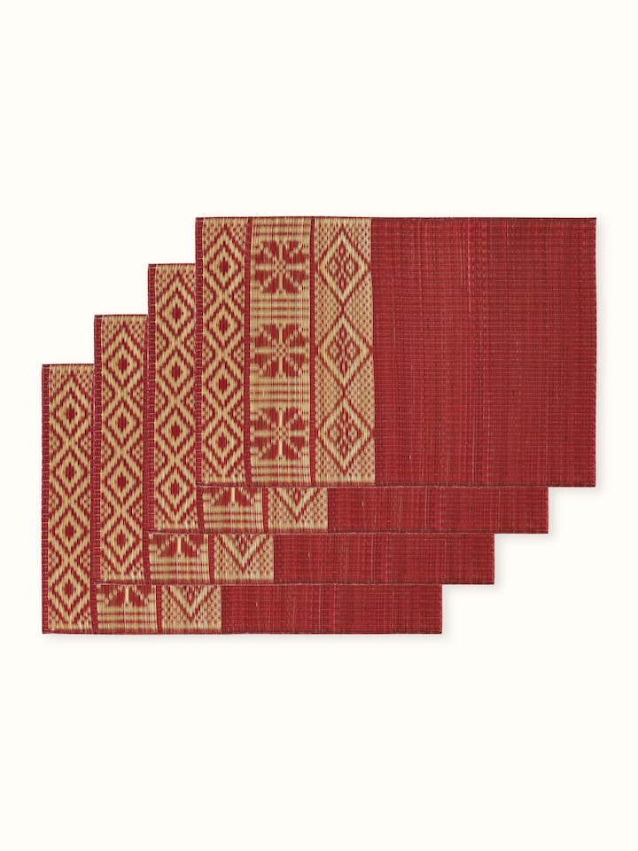 Detail view of Prakriti Red Folk Geo Natural Fibre Madurkathi Table Mats (6 Pcs) highlighting the fabric texture and embroidery detail