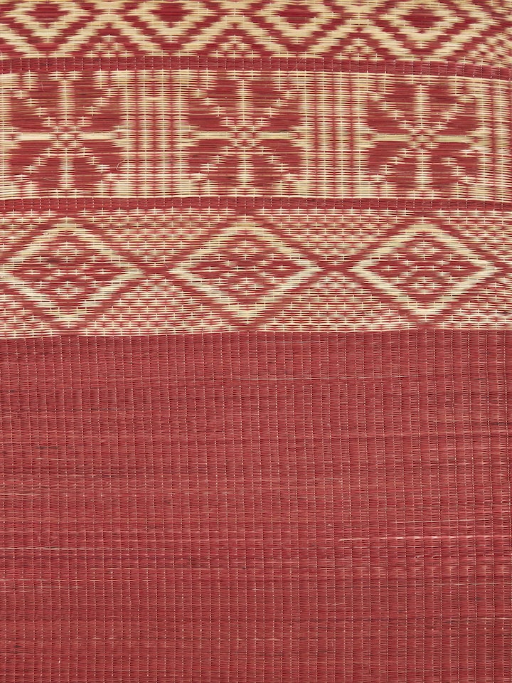 Detail view of Prakriti Red Folk Geo Natural Fibre Madurkathi Table Mats (6 Pcs) highlighting the fabric texture and embroidery detail, from a diff...