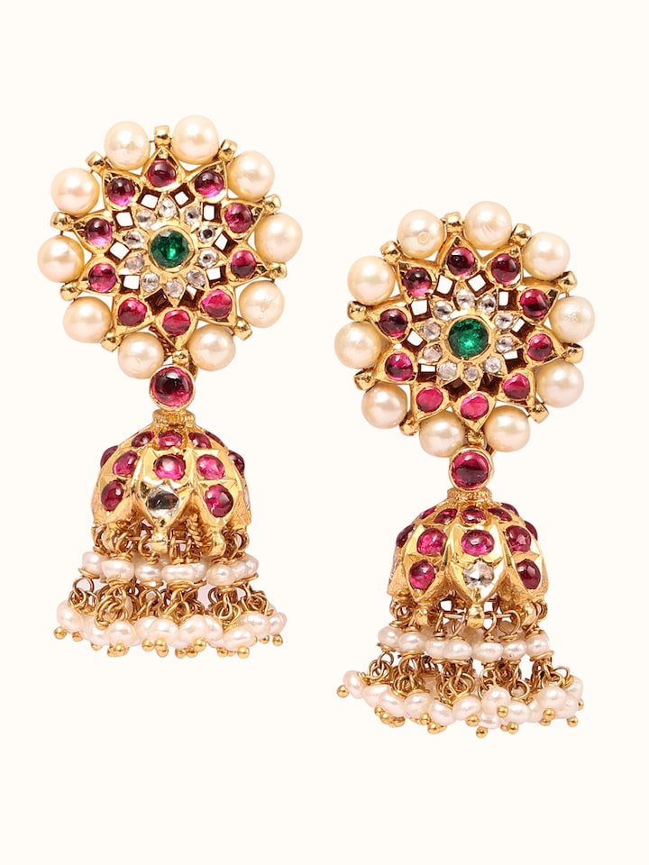 Side view of Kundala Velai 22 Karat Gold Jhumkas emphasizing their detailed gold work and elegant drop design.
