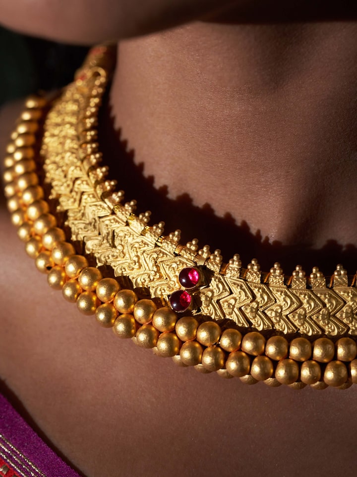 Detailed view of Thushi 22 Karat Gold Choker focusing on the intricate goldwork and elegant design