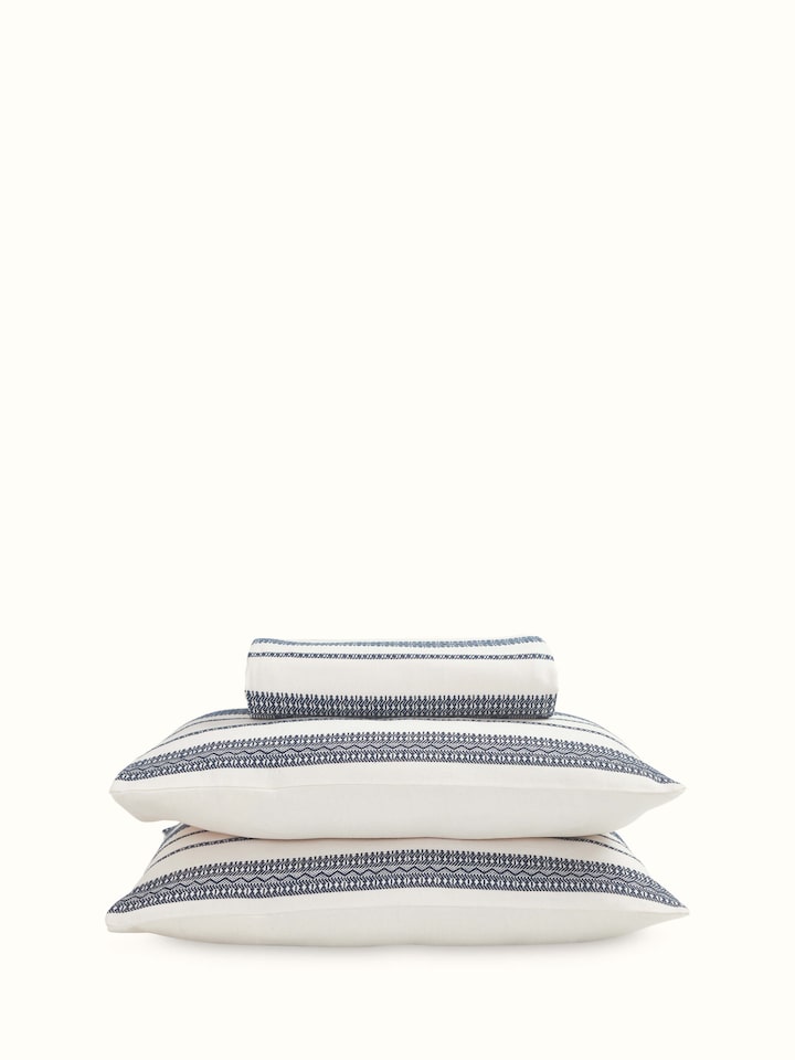 Adalaj Blue Stripe Cotton Bhujodi Extra-Weft Queen Bedspread Set (3 pcs) displayed with an elegant stripe pattern.