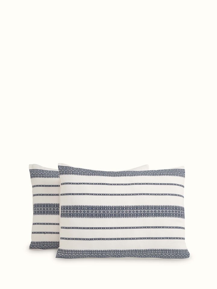 Front view of Adalaj Blue Stripe Cotton Bhujodi Extra-Weft Queen Bedspread Set (3 pcs) showcasing its design and colors.
