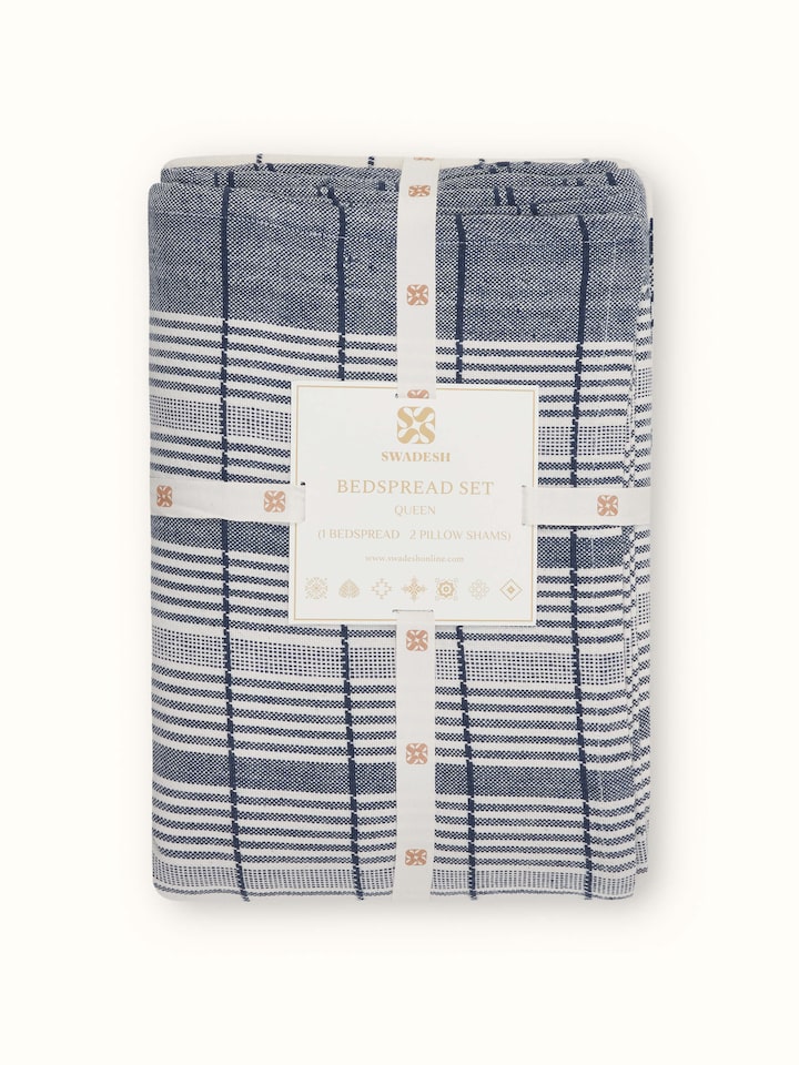 Close-up of Adalaj Blue Stripe Cotton Bhujodi Extra-Weft Queen Bedspread Set (3 pcs) featuring the intricate weaving.