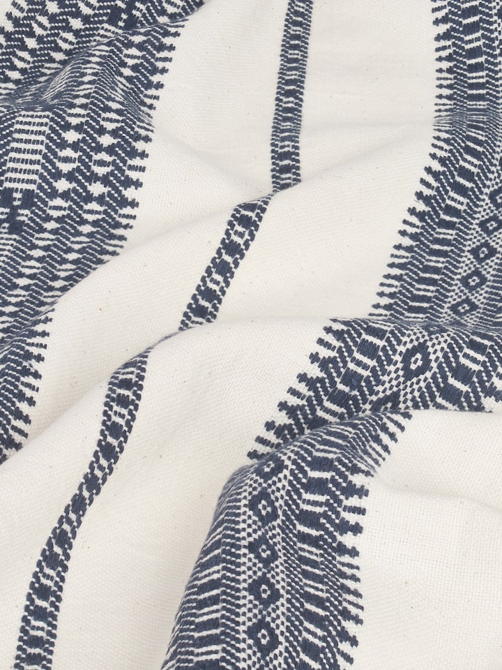Detail view of Adalaj Blue Stripe Cotton Bhujodi Extra-Weft Queen Bedspread Set (3 pcs) highlighting the fabric texture.