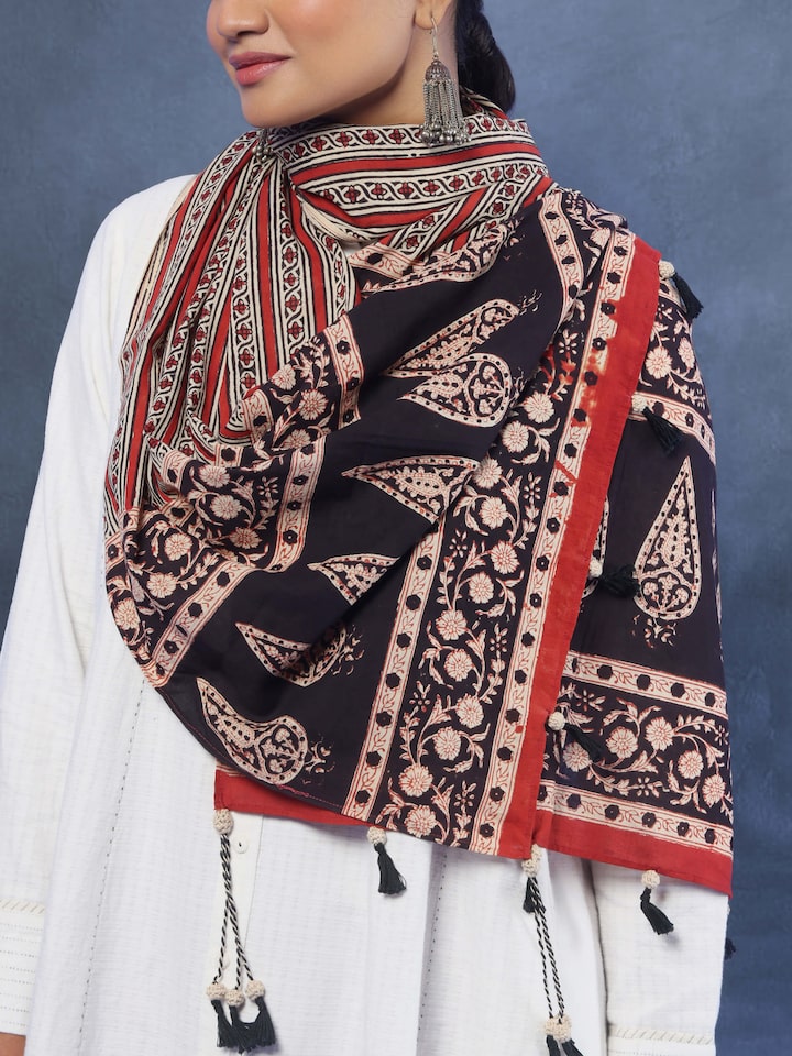 Black Cotton Bagru Block Printed Stole