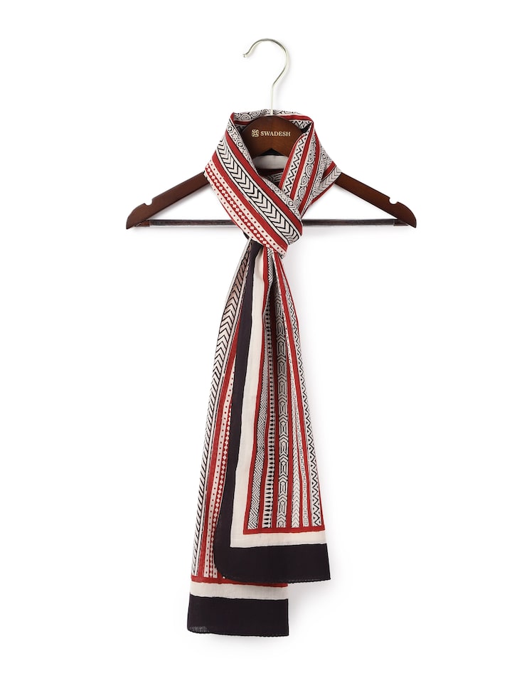 Front view of Black Cotton Bagh Block Printed Stole showing the full length and border pattern