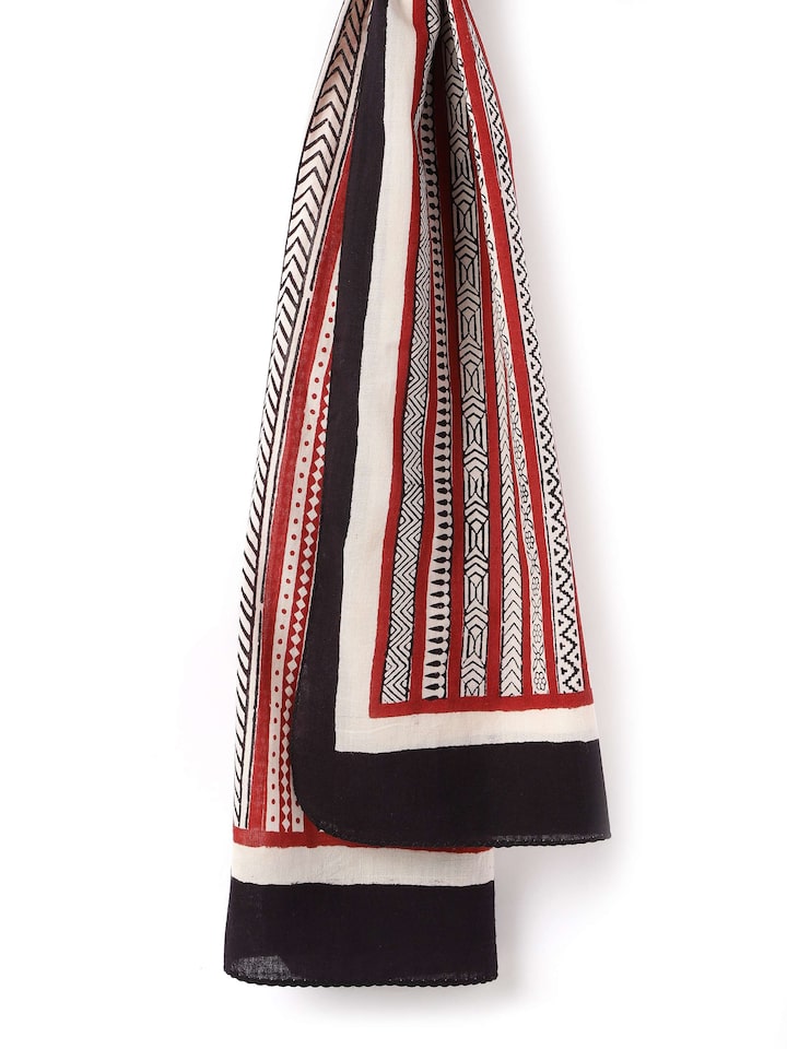 Detail view of Black Cotton Bagh Block Printed Stole highlighting the embroidered border detail