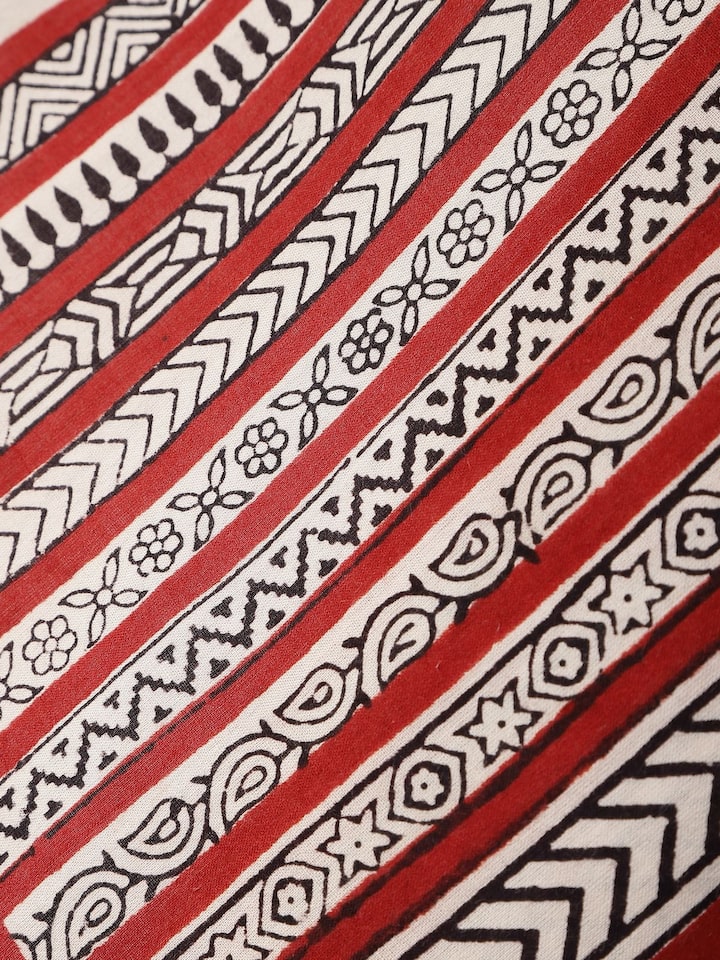 Detail view of Black Cotton Bagh Block Printed Stole highlighting the embroidered border detail, from a different angle