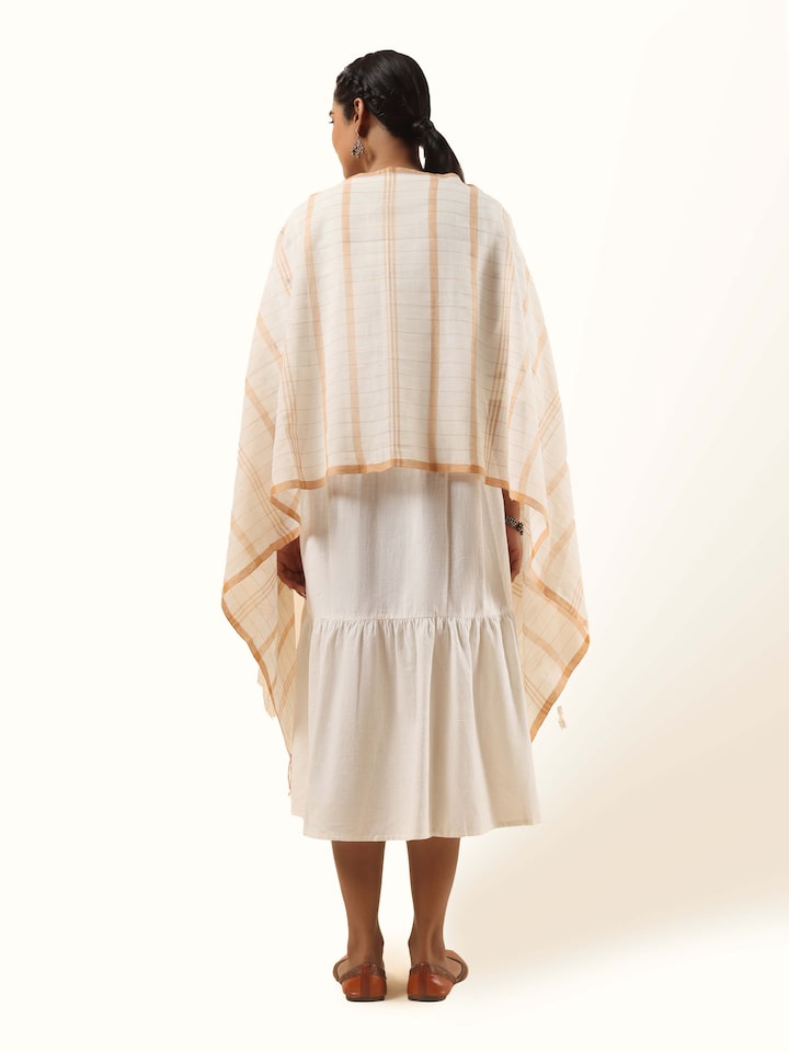 Front view of Yellow Cotton Stole showing the full length and border pattern, from a different angle
