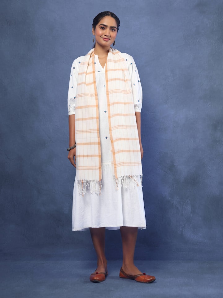 Styled view of Yellow Cotton Stole draped on the shoulder showing the drape