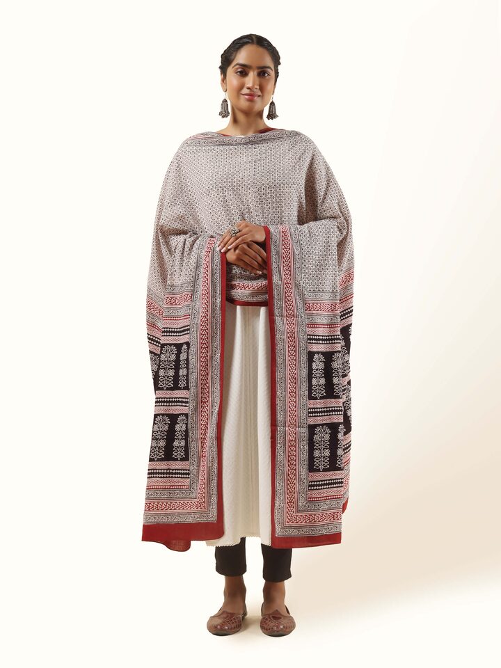 Front view of the cotton stole showing the intricate block print design.