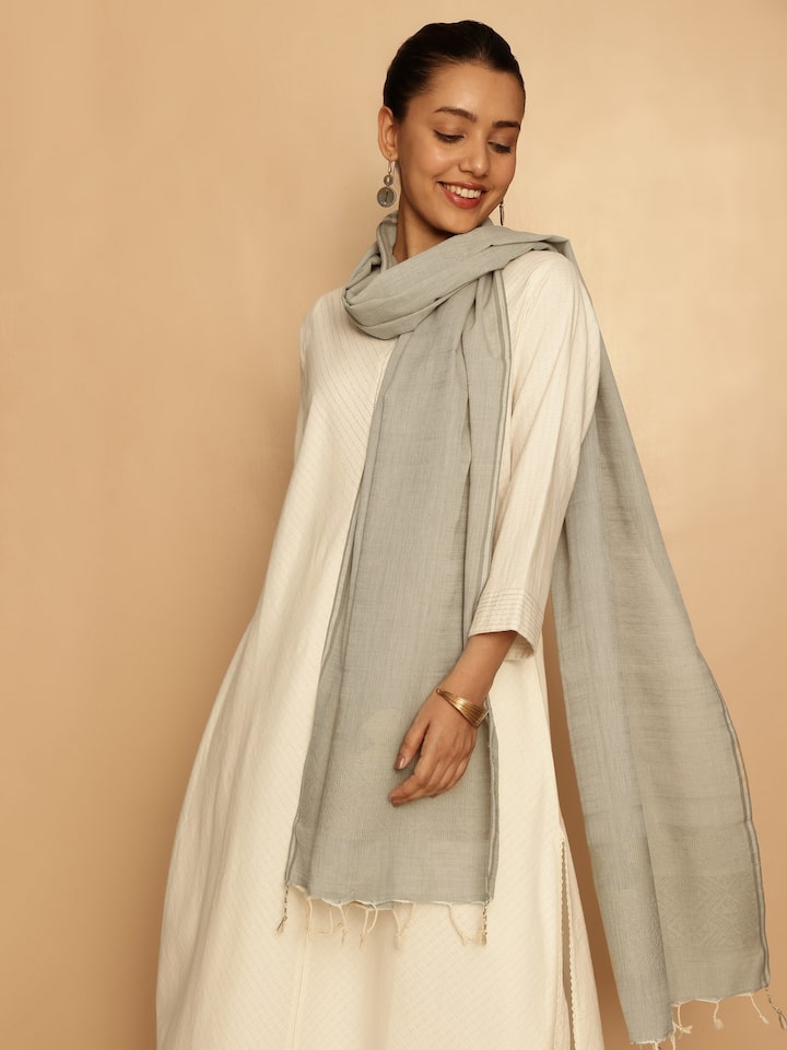 Grey Cotton Extra-weft Stole