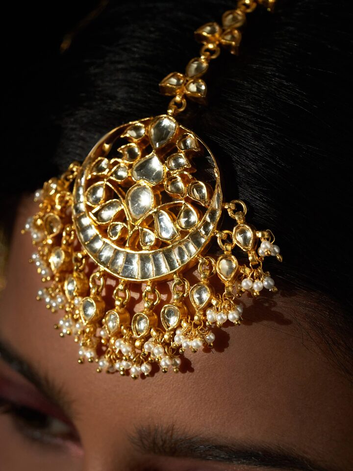 Close-up view of Silver Smithing Maang Tika highlighting the stone setting and metalwork detail