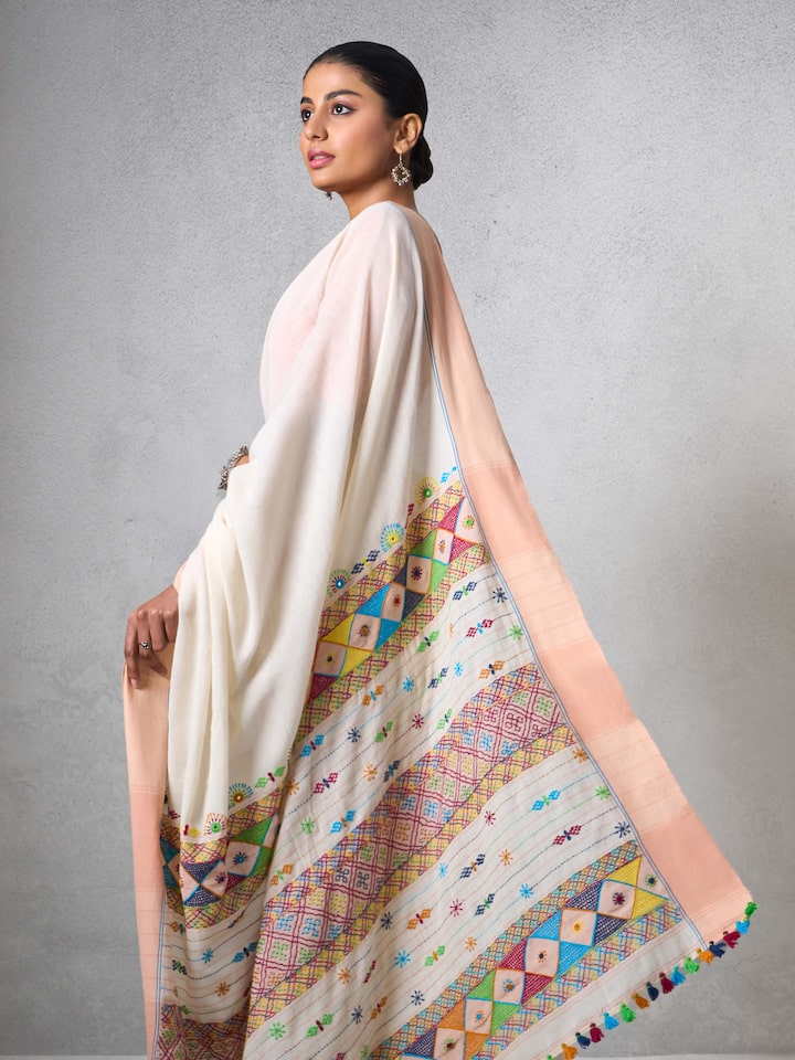Peach Natural Dyed Cotton Lambani Embroidered Saree
