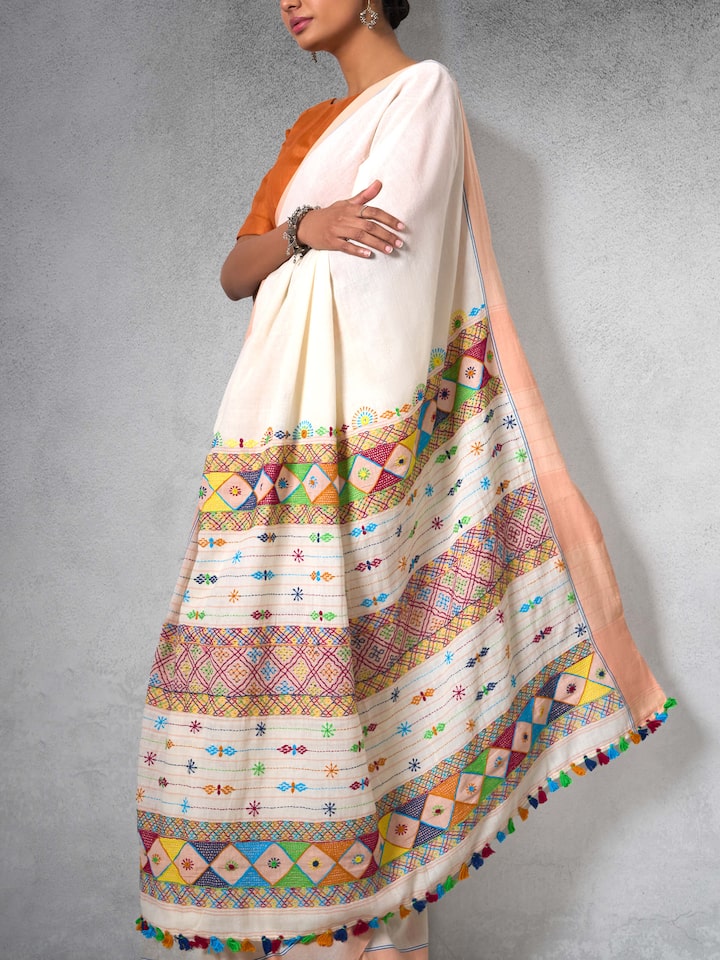 Peach Natural Dyed Cotton Lambani Embroidered Saree