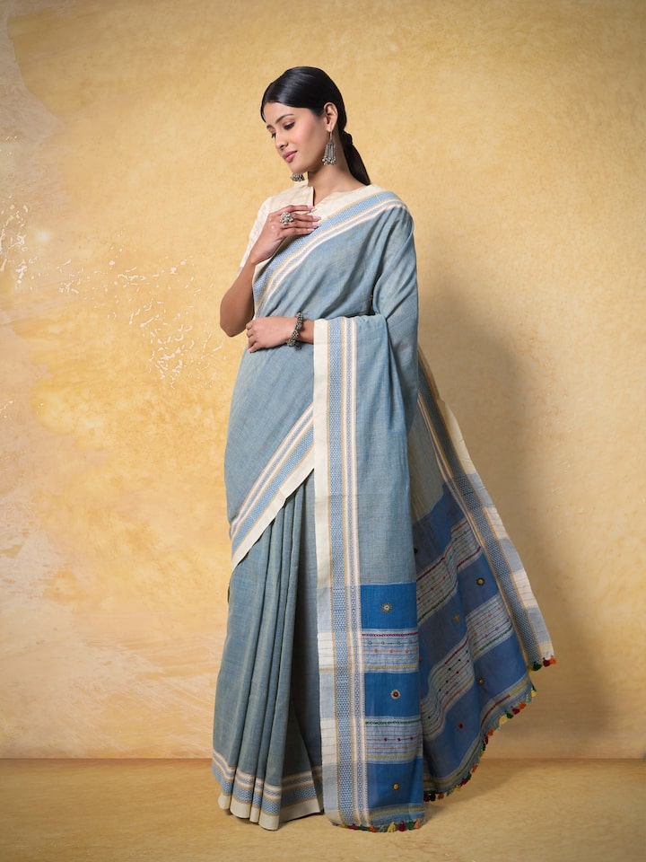 Blue Natural Dyed Cotton Lambani Embroidered Saree