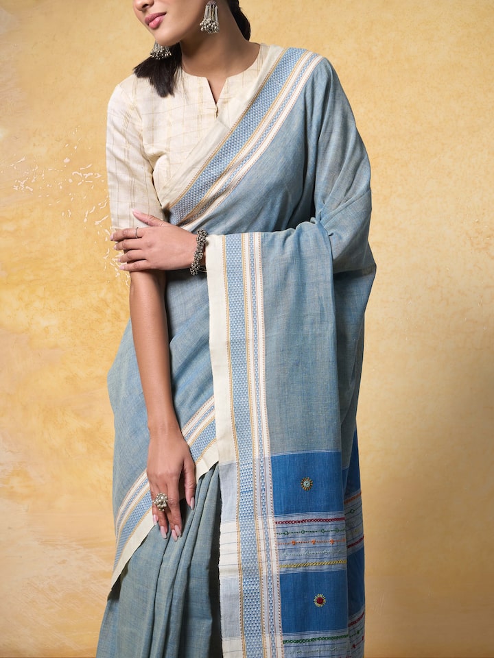 Blue Natural Dyed Cotton Lambani Embroidered Saree