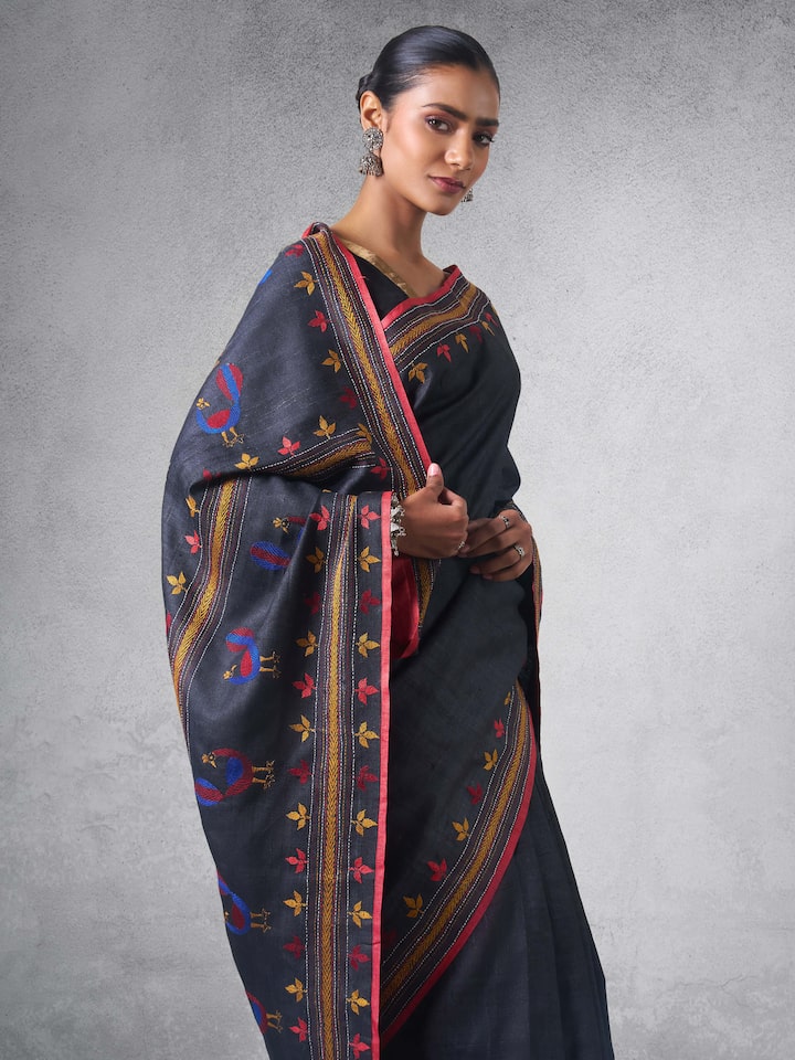 Black Tussar Silk Kantha Embroidered Saree