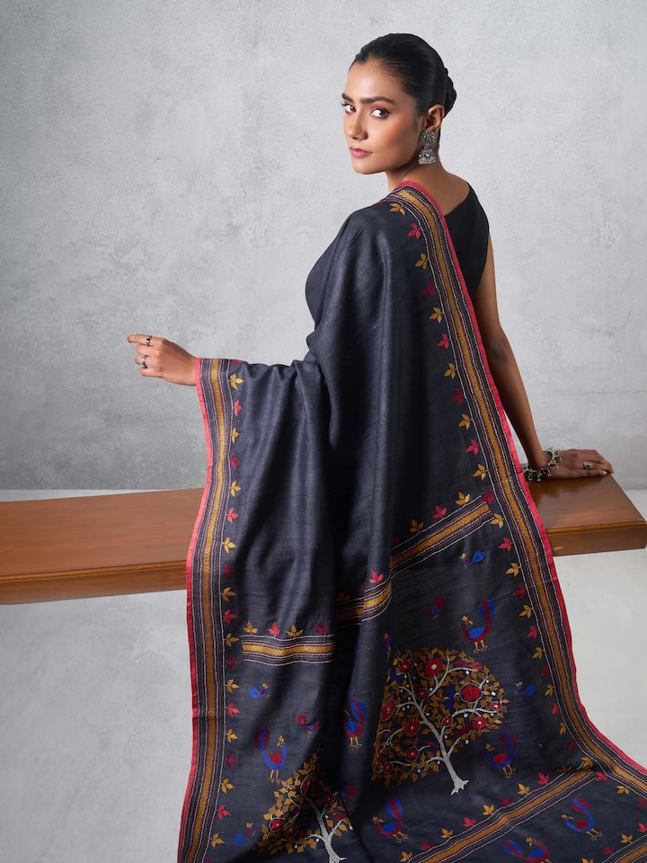 Black Tussar Silk Kantha Embroidered Saree