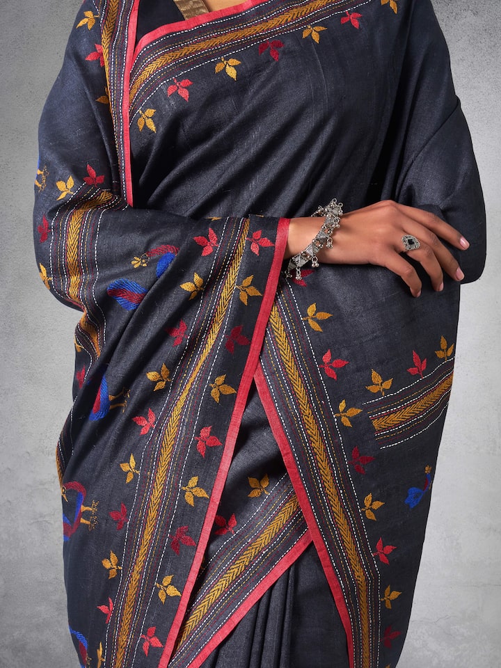 Black Tussar Silk Kantha Embroidered Saree