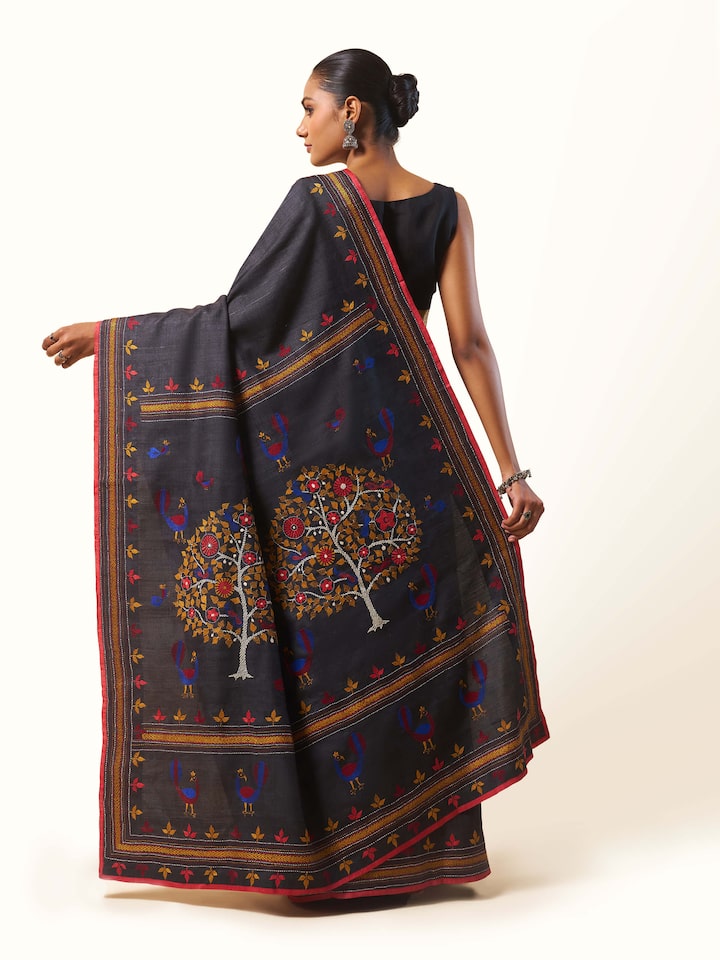 Black Tussar Silk Kantha Embroidered Saree
