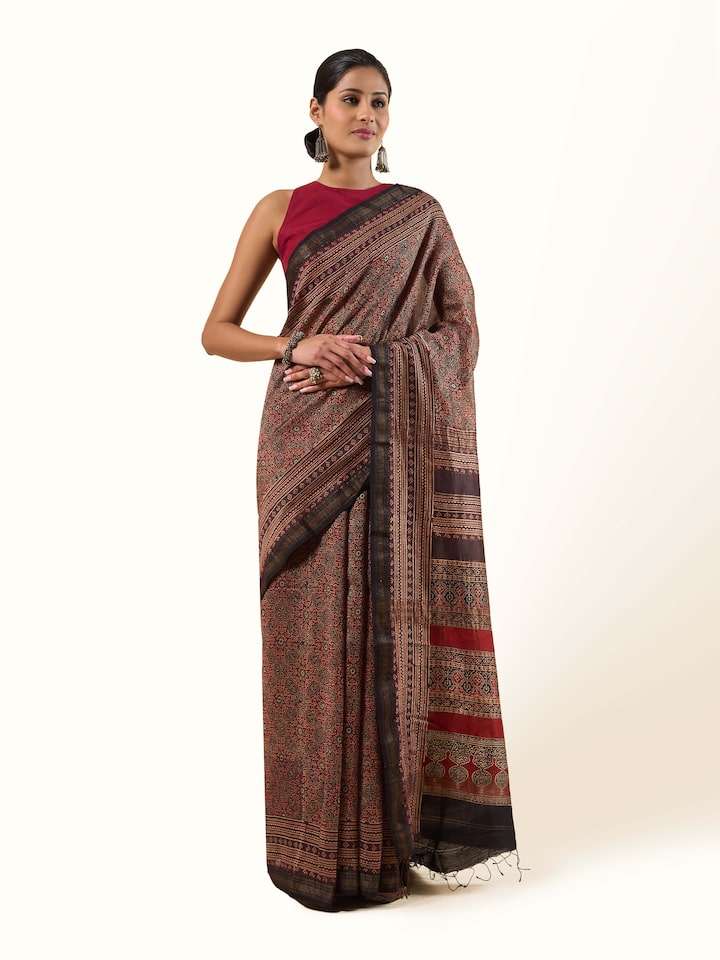 Brown Cotton Silk Ajrakh Block Printed Saree