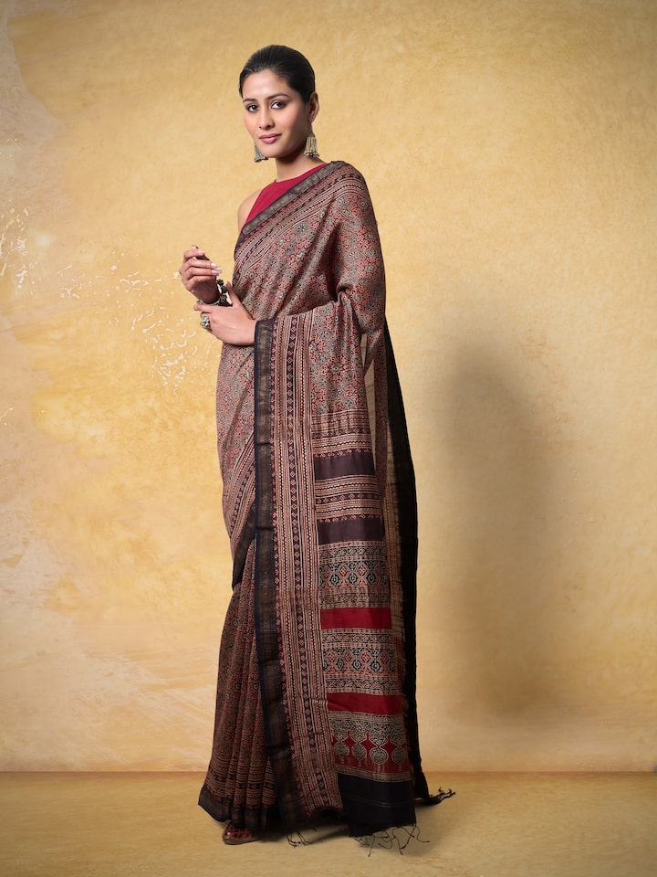 Brown Cotton Silk Ajrakh Block Printed Saree