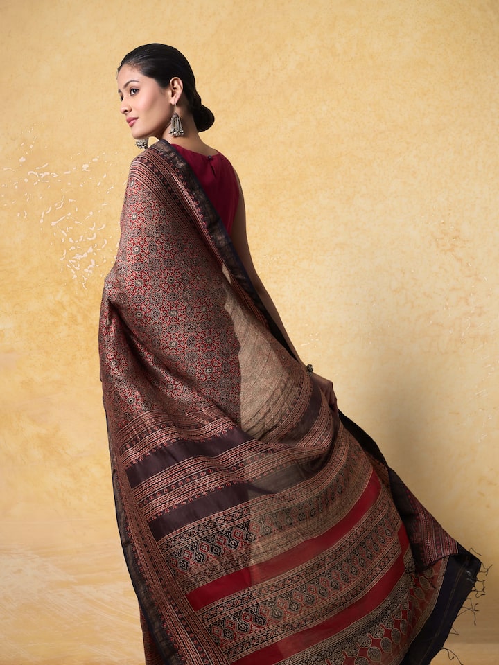 Brown Cotton Silk Ajrakh Block Printed Saree