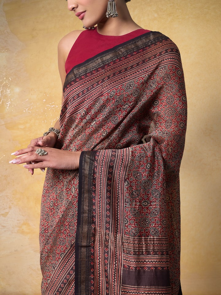 Brown Cotton Silk Ajrakh Block Printed Saree