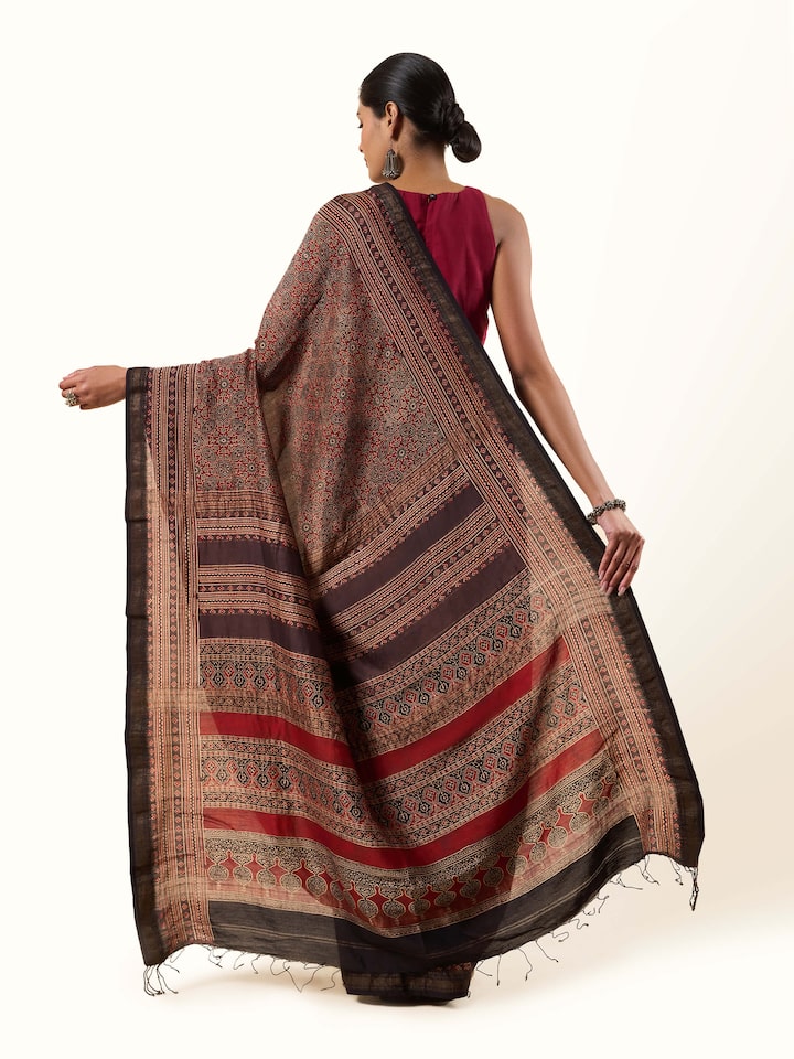 Brown Cotton Silk Ajrakh Block Printed Saree