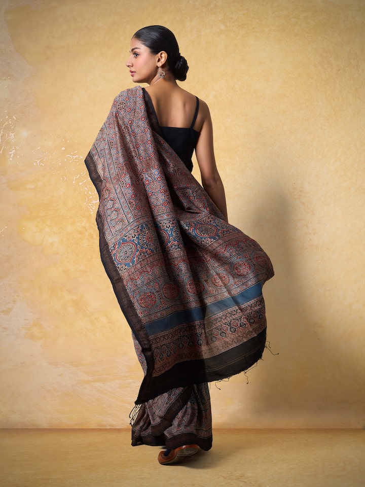 Indigo Cotton Silk Ajrakh Block Printed Saree