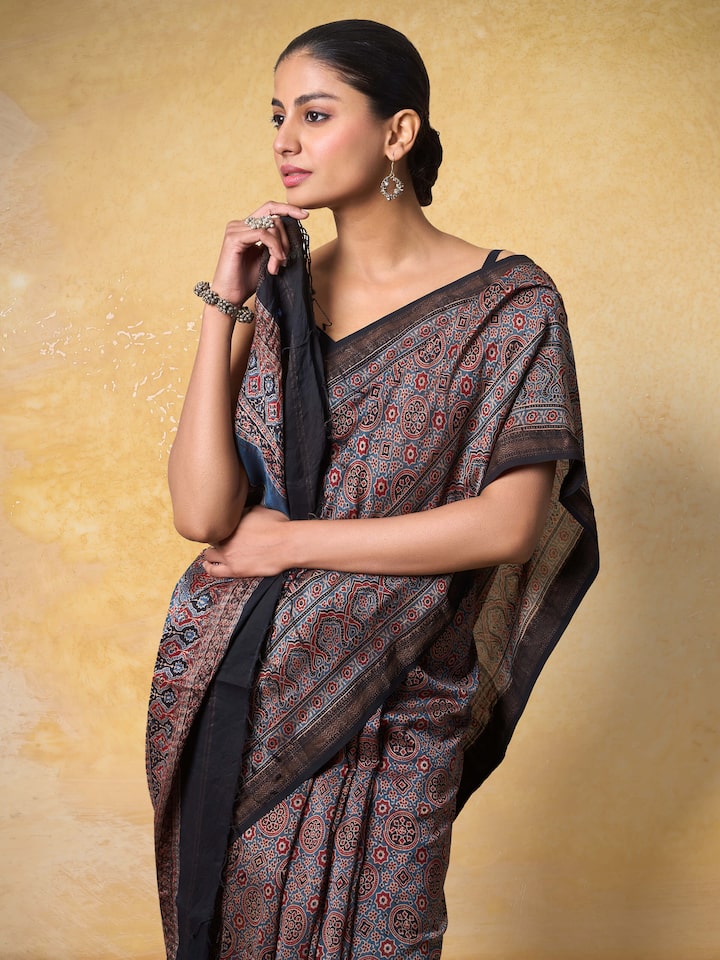 Indigo Cotton Silk Ajrakh Block Printed Saree