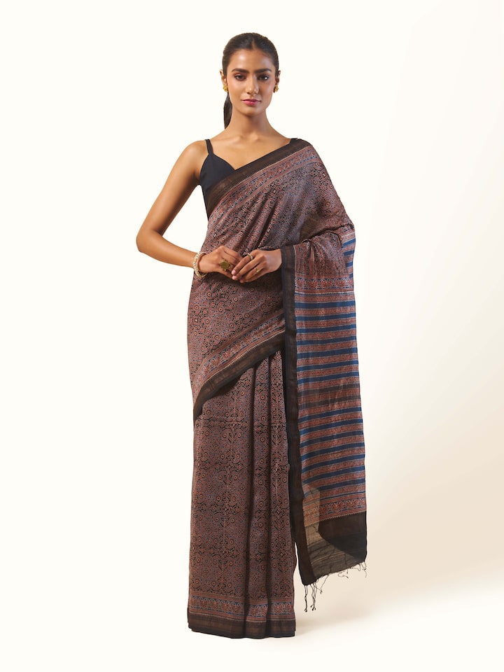 Front view of Cotton Silk Ajrakh Block Printed Saree with intricate Ajrakh patterns