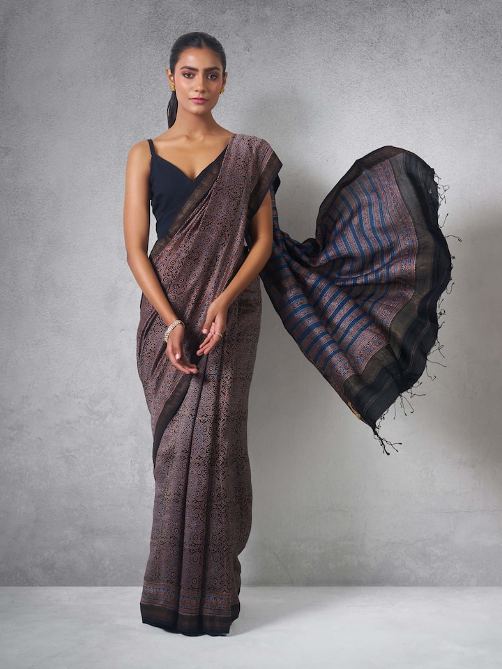Close-up of detailed Ajrakh printing on Cotton Silk Ajrakh Block Printed Saree