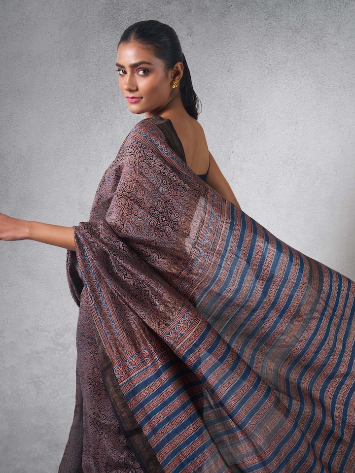 Side view showcasing the texture of Cotton Silk Ajrakh Block Printed Saree