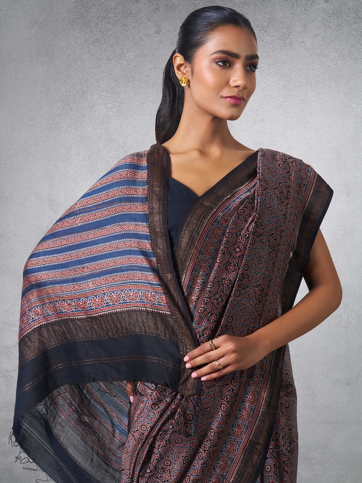 Back view highlighting the design elements of Cotton Silk Ajrakh Block Printed Saree